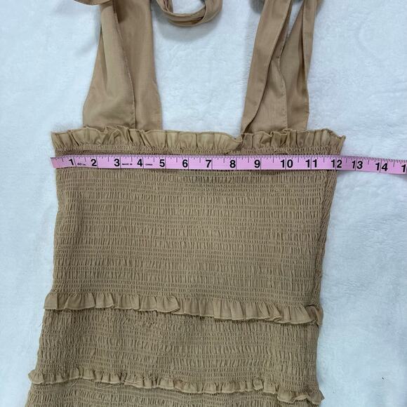 HYFVE Tan Smocked Ruffle Mini Dress Size Large - Picture 6 of 7